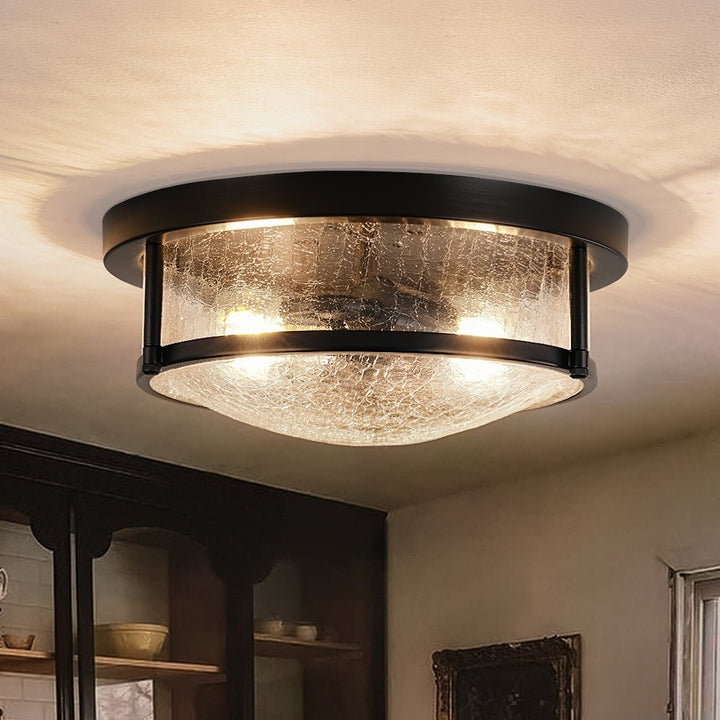 LightFixturesUSA - Industrial Black Round Crackled Glass Flush Mount Light - Ceiling Light - Black - 