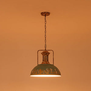 LightFixturesUSA - Industrial Farmhouse Distressed Teal Gold Metal Dome Pendant - Pendant Light - 16.3 in - 