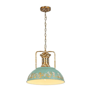 LightFixturesUSA - Industrial Farmhouse Distressed Teal Gold Metal Dome Pendant - Pendant Light - 16.3 in - 