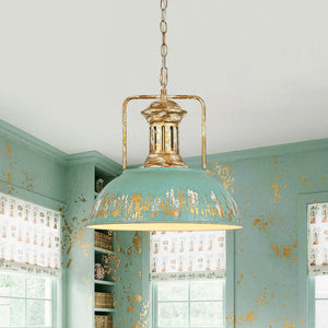 LightFixturesUSA - Industrial Farmhouse Distressed Teal Gold Metal Dome Pendant - Pendant Light - 16.3 in - 