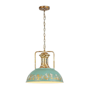 LightFixturesUSA - Industrial Farmhouse Distressed Teal Gold Metal Dome Pendant - Pendant Light - 16.3 in - 