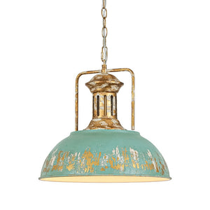LightFixturesUSA - Industrial Farmhouse Distressed Teal Gold Metal Dome Pendant - Pendant Light - 16.3 in - 