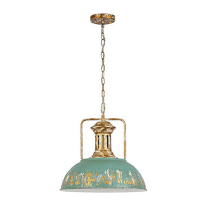 LightFixturesUSA - Industrial Farmhouse Distressed Teal Gold Metal Dome Pendant - Pendant Light - 16.3 in - 
