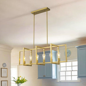 LightFixturesUSA-Industrial Farmhouse Rectangular Kitchen Island Pendant-Chandelier-Brushed Brass-