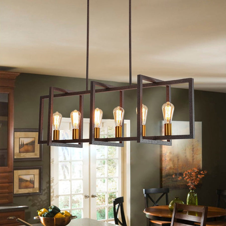 LightFixturesUSA - Industrial Farmhouse Rectangular Kitchen Island Pendant - Chandelier - Dark Rust - 