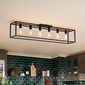 LightFixturesUSA-Industrial Minimalist Rectangle Cage Semi Flush Mount-Ceiling Light-6-Lt-