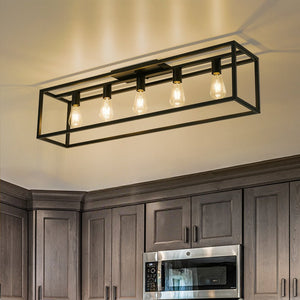 LightFixturesUSA - Industrial Minimalist Rectangle Cage Semi Flush Mount - Ceiling Light - Black - 