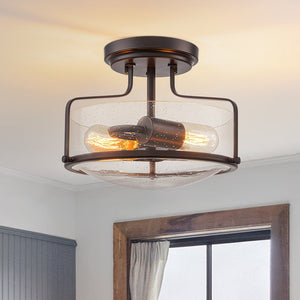 LightFixturesUSA - Industrial Round Seeded Glass Semi Flush Mount Light - Ceiling Light - Oil - Rubbed Bronze - 