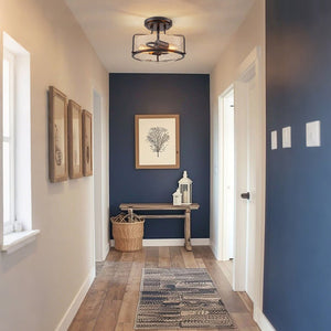 LightFixturesUSA - Industrial Round Seeded Glass Semi Flush Mount Light - Ceiling Light - Oil - Rubbed Bronze - 