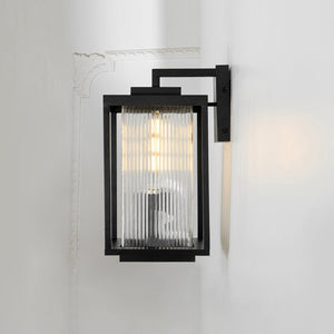 LightFixturesUSA - IP23 1 - Light Black Ribbed Glass Outdoor Wall Lantern - Wall Sconce - 1 Pack - 8 in