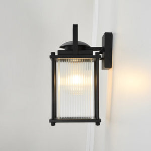 LightFixturesUSA - IP23 Black Ribbed Glass Square Outdoor Wall Lantern - Wall Sconce - 1 Pack - 