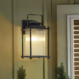 LightFixturesUSA - IP23 Black Ribbed Glass Square Outdoor Wall Lantern - Wall Sconce - 1 Pack - 