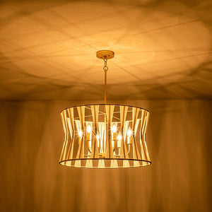 LightFixturesUSA-Ivory Woven Brass Open Drum Pendant Light-Chandelier-Ivory-