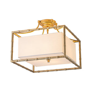 LightFixturesUSA-Layered Bamboo Square Cage Fabric Semi Flush Mount-Ceiling Light-Gold-
