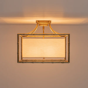 LightFixturesUSA-Layered Bamboo Square Cage Fabric Semi Flush Mount-Ceiling Light-Gold-