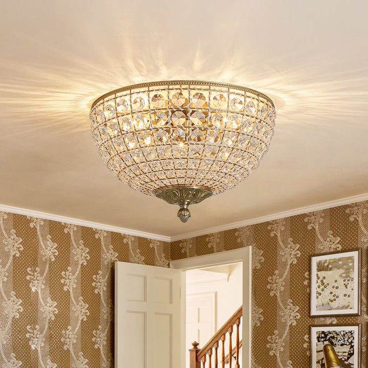 LightFixturesUSA - Luxe Vintage French Brass Round Crystal Cage Flush Mount Light - Ceiling Light - Gold - 