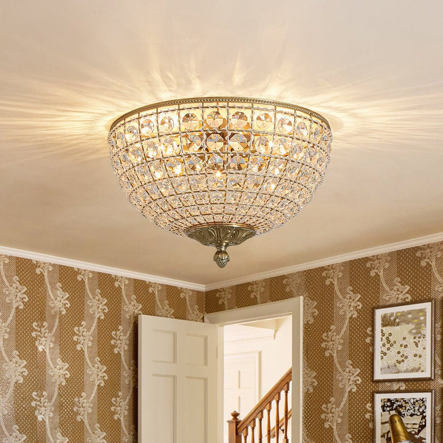 LightFixturesUSA - Luxe Vintage French Brass Round Crystal Cage Flush Mount Light - Ceiling Light - Gold - 