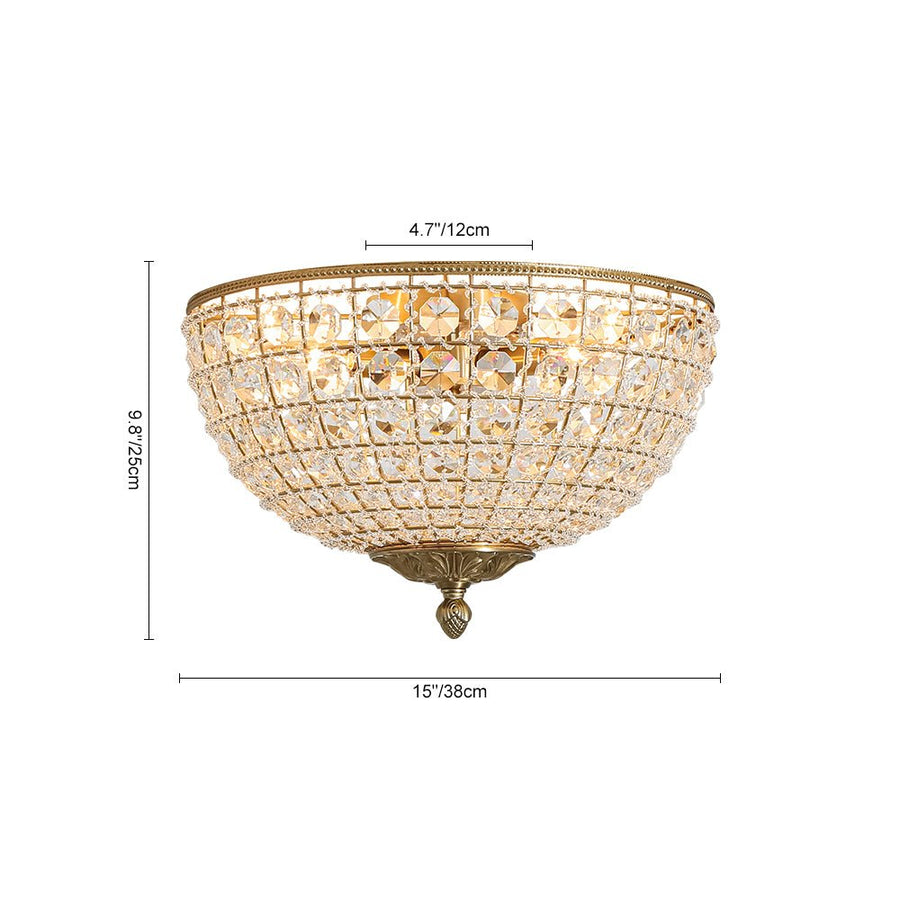 LightFixturesUSA - Luxe Vintage French Brass Round Crystal Cage Flush Mount Light - Ceiling Light - Gold - 