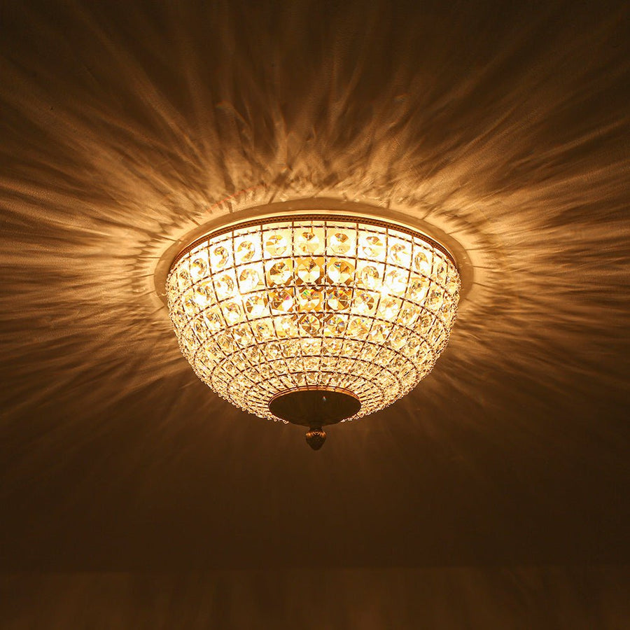 LightFixturesUSA - Luxe Vintage French Brass Round Crystal Cage Flush Mount Light - Ceiling Light - Gold - 