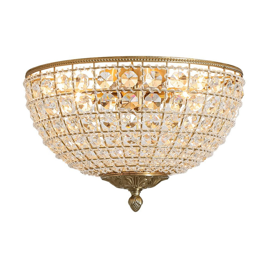 LightFixturesUSA - Luxe Vintage French Brass Round Crystal Cage Flush Mount Light - Ceiling Light - Gold - 