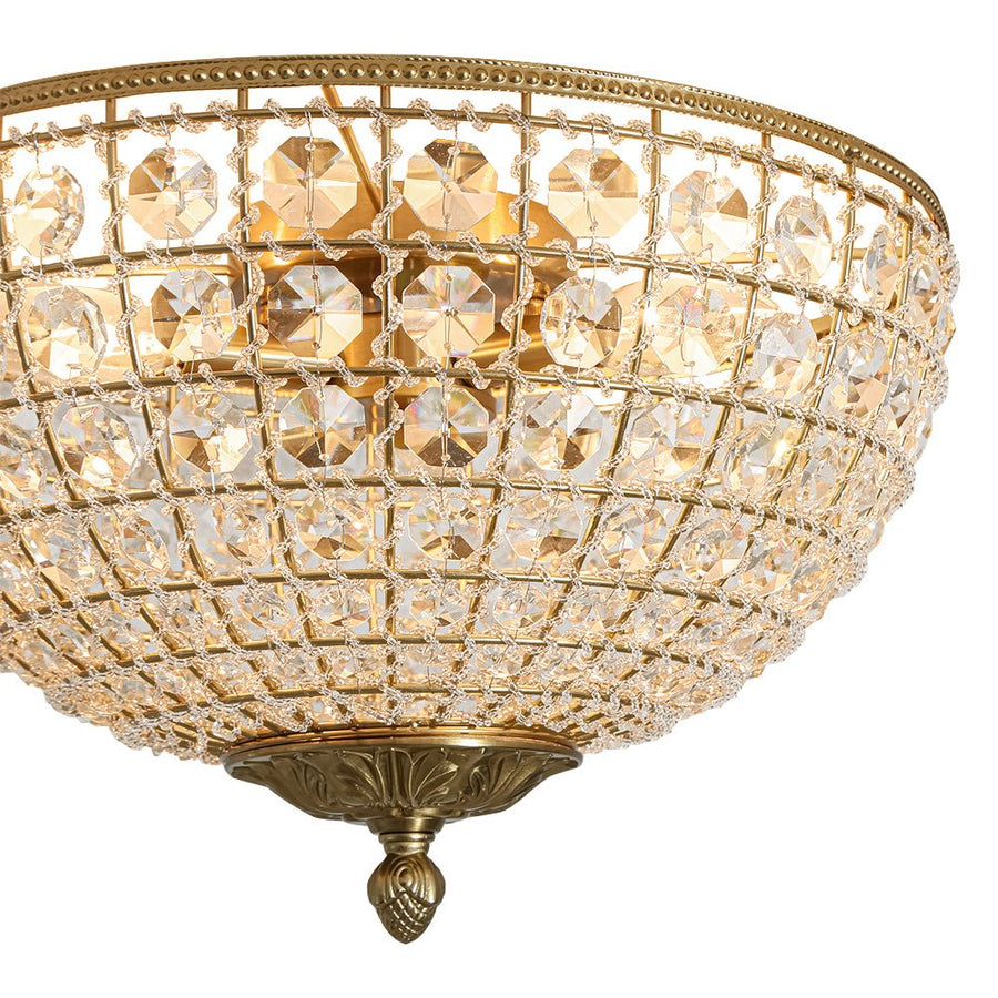 LightFixturesUSA - Luxe Vintage French Brass Round Crystal Cage Flush Mount Light - Ceiling Light - Gold - 