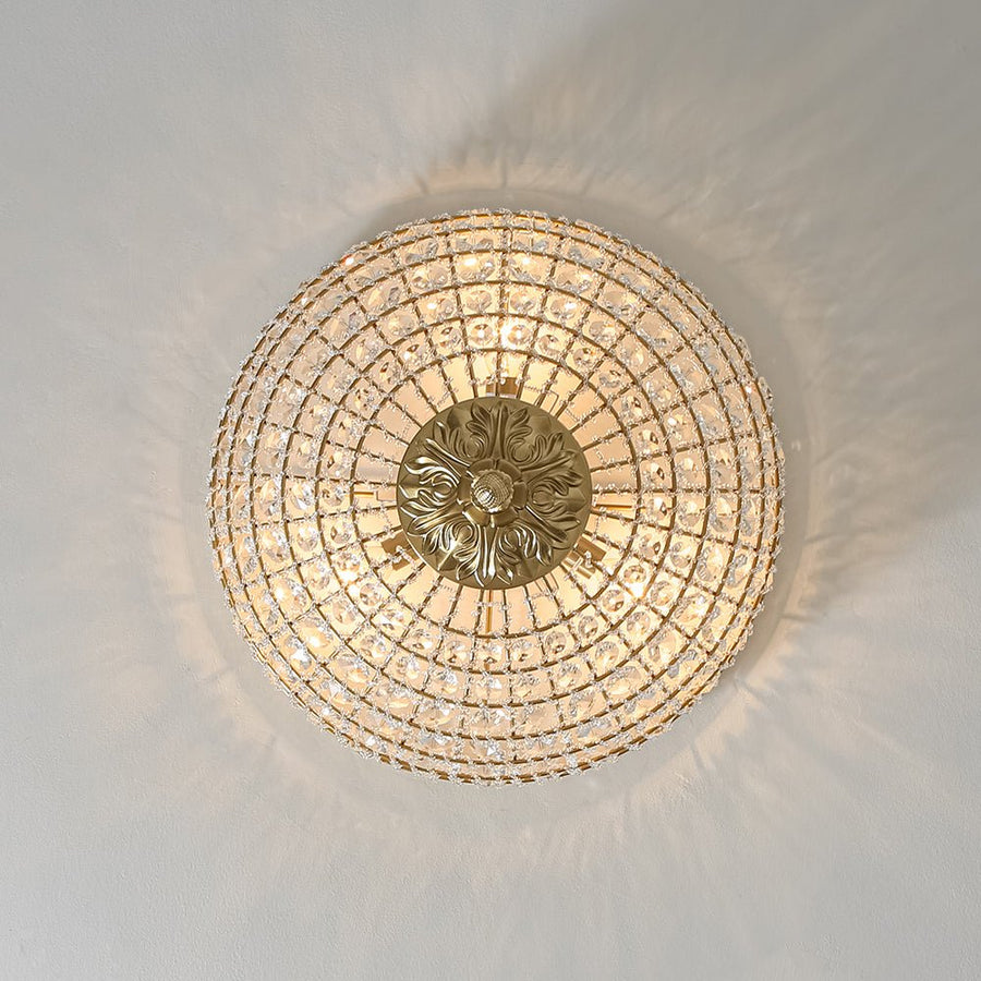 LightFixturesUSA - Luxe Vintage French Brass Round Crystal Cage Flush Mount Light - Ceiling Light - Gold - 