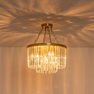 LightFixturesUSA-Luxury 4-Light Tiered Faceted Crystal Round Semi Flush Mount-Ceiling Light-Brass-