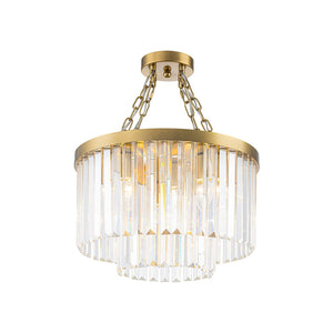 LightFixturesUSA-Luxury 4-Light Tiered Faceted Crystal Round Semi Flush Mount-Ceiling Light-Brass-