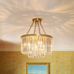 LightFixturesUSA-Luxury 4-Light Tiered Faceted Crystal Round Semi Flush Mount-Ceiling Light-Brass-