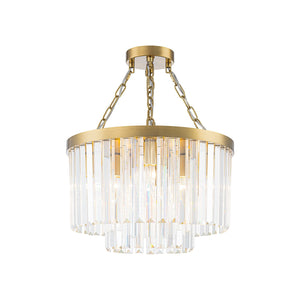 LightFixturesUSA-Luxury 4-Light Tiered Faceted Crystal Round Semi Flush Mount-Ceiling Light-Brass-