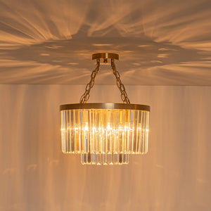 LightFixturesUSA-Luxury 4-Light Tiered Faceted Crystal Round Semi Flush Mount-Ceiling Light-Brass-