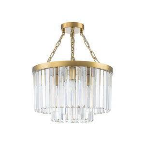LightFixturesUSA-Luxury 4-Light Tiered Faceted Crystal Round Semi Flush Mount-Ceiling Light-Brass-