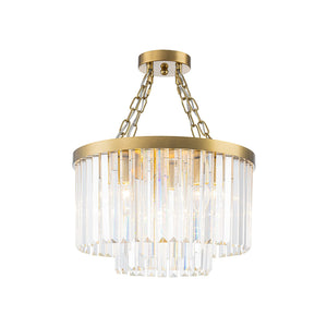 LightFixturesUSA-Luxury 4-Light Tiered Faceted Crystal Round Semi Flush Mount-Ceiling Light-Brass-