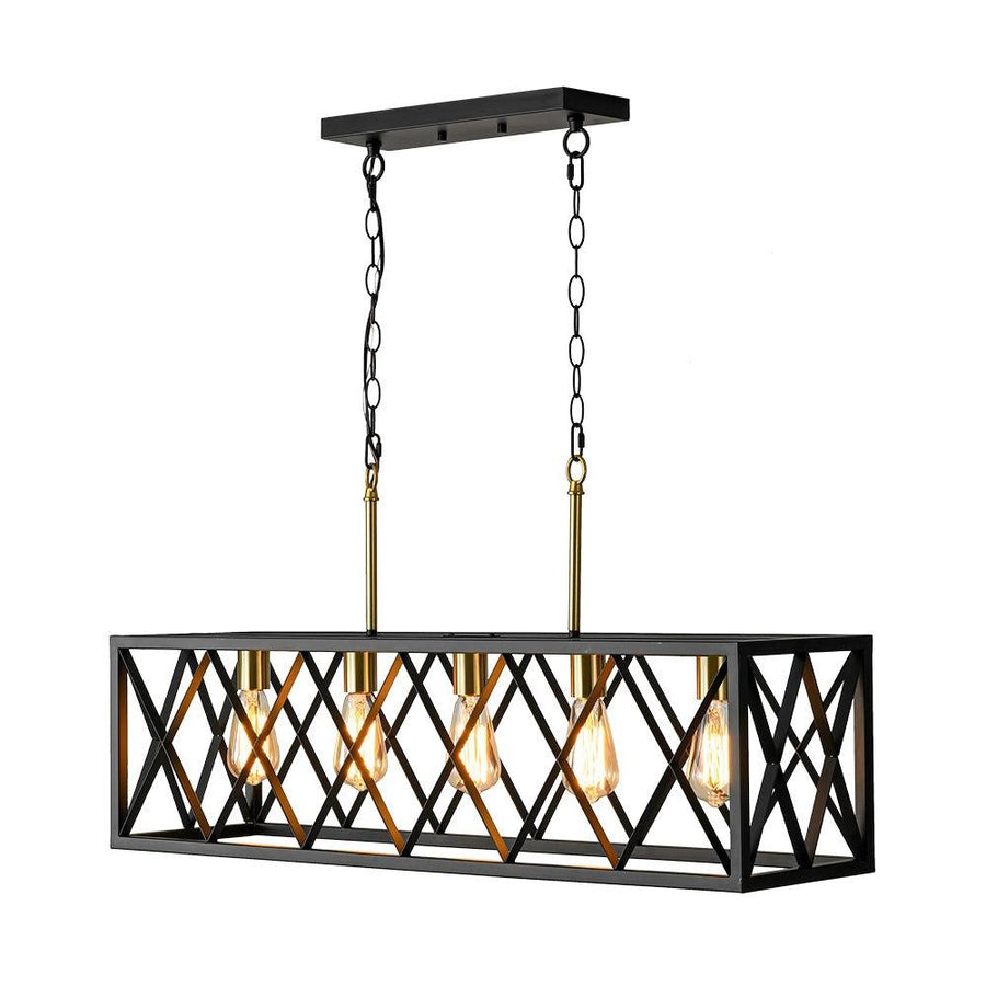 LightFixturesUSA - Matte Black 5 - Light Cross Framed Box Kitchen Island Chandelier - Chandelier - Black - 