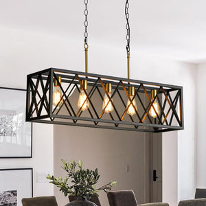 LightFixturesUSA - Matte Black 5 - Light Cross Framed Box Kitchen Island Chandelier - Chandelier - Black - 