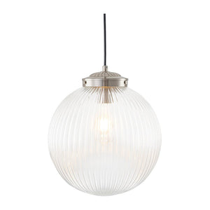 LightFixturesUSA - Mid - Century 1 - Light Clear Ribbed Glass Globe Pendant - Pendant Light - Nickel - 