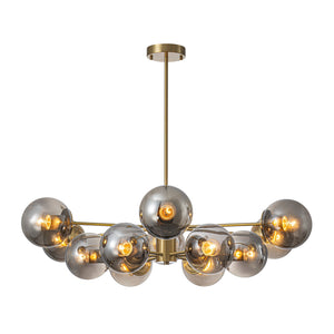 LightFixturesUSA-Mid-Century 12-Light Smoked Glass Globe Tiered Sputnik Chandelier-Chandelier-Brass-