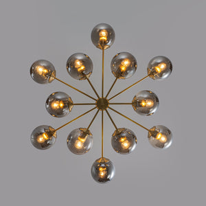 LightFixturesUSA-Mid-Century 12-Light Smoked Glass Globe Tiered Sputnik Chandelier-Chandelier-Brass-