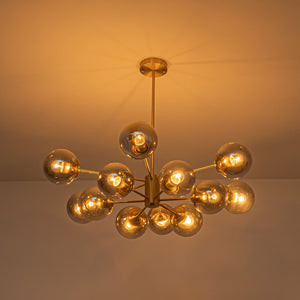 LightFixturesUSA-Mid-Century 12-Light Smoked Glass Globe Tiered Sputnik Chandelier-Chandelier-Brass-