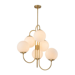 LightFixturesUSA - Mid - Century 6 - Light Goose Arm Opal Glass Globe Tiered Chandelier - Chandelier - Brass - 