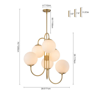 LightFixturesUSA - Mid - Century 6 - Light Goose Arm Opal Glass Globe Tiered Chandelier - Chandelier - Brass - 