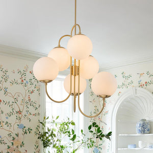 LightFixturesUSA - Mid - Century 6 - Light Goose Arm Opal Glass Globe Tiered Chandelier - Chandelier - Brass - 