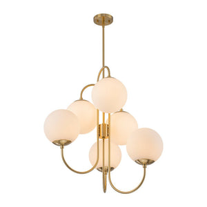 LightFixturesUSA - Mid - Century 6 - Light Goose Arm Opal Glass Globe Tiered Chandelier - Chandelier - Brass - 
