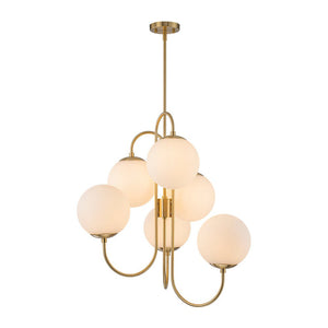 LightFixturesUSA - Mid - Century 6 - Light Goose Arm Opal Glass Globe Tiered Chandelier - Chandelier - Brass - 