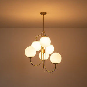 LightFixturesUSA - Mid - Century 6 - Light Goose Arm Opal Glass Globe Tiered Chandelier - Chandelier - Brass - 