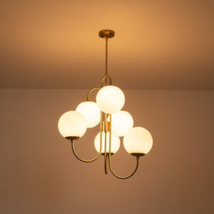 LightFixturesUSA - Mid - Century 6 - Light Goose Arm Opal Glass Globe Tiered Chandelier - Chandelier - Brass - 