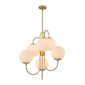 LightFixturesUSA - Mid - Century 6 - Light Goose Arm Opal Glass Globe Tiered Chandelier - Chandelier - Brass - 
