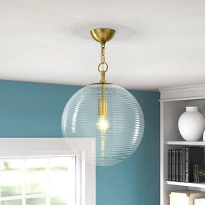 LightFixturesUSA - Mid - Century Brass 1 - light Clear Reeded Glass Globe Pendant - Pendant Light - Brass - 