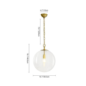 LightFixturesUSA - Mid - Century Brass 1 - light Clear Reeded Glass Globe Pendant - Pendant Light - Brass - 
