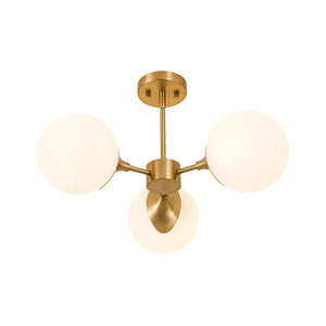 LightFixturesUSA-Mid-Century Brass 3-Light Opal Glass Globe Semi Flush Mount-Ceiling Light-24 in-
